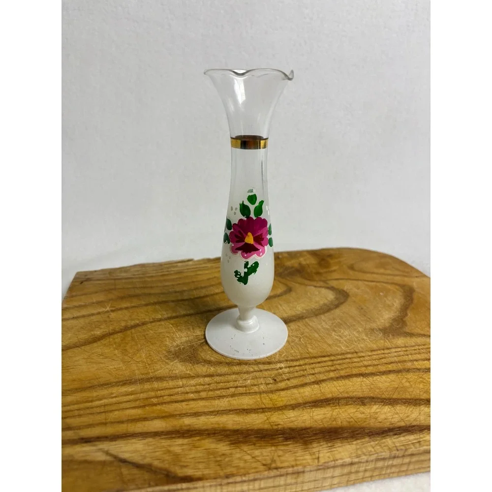 Vintage Style Unbranded White Frosted Hand Painted Floral Bud Vase